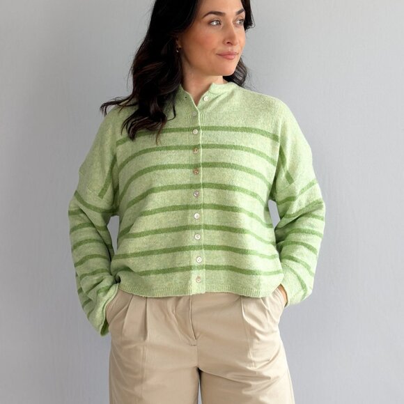 Women’s Light Green Striped Soft Knit Button Cardigan - Picture 3 of 11
